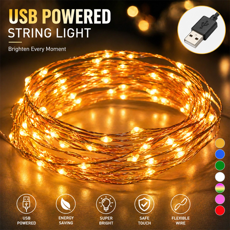 USB Powered Decorative Fairy Light LED String Lights – 5M/16.4FT 50 LED Warm White Waterproof Copper Wire Garland Morisbati Jharbati for Room Decoration